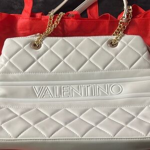 Valentino By Mario Valentino White Quilted Leather Shoulder Bag with Gold Chain